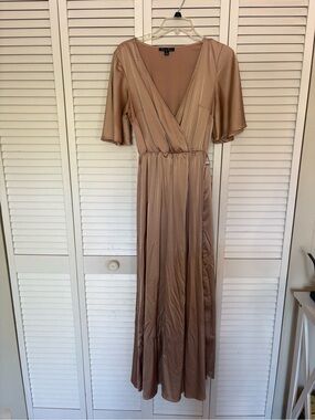 Silky Taupe/Champagne Maxi Dress with Flutter Sleeves